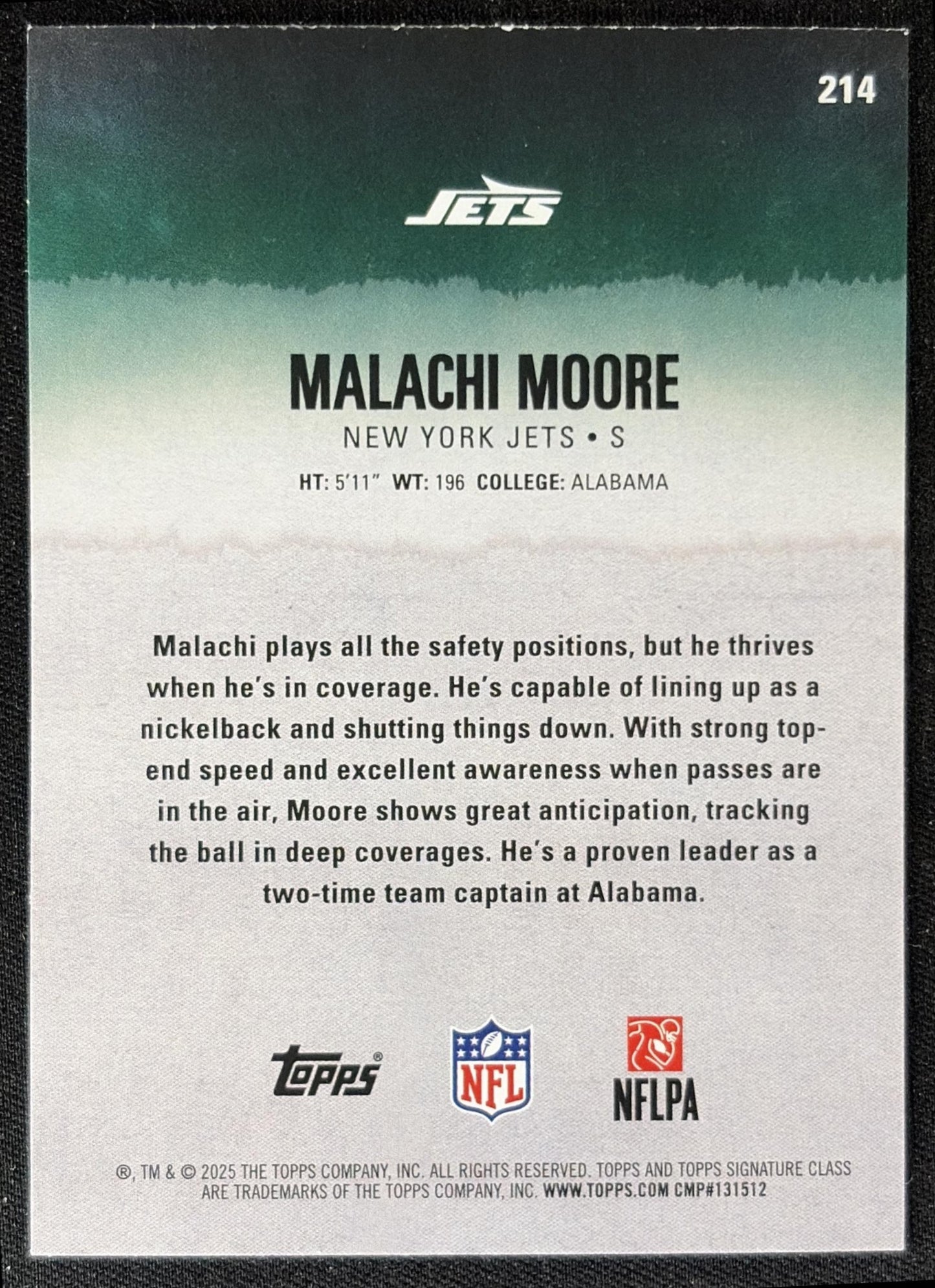 Malachi Moore 2025 Topps Signature Class Chrome Rookie Green Refractor /150 Jets