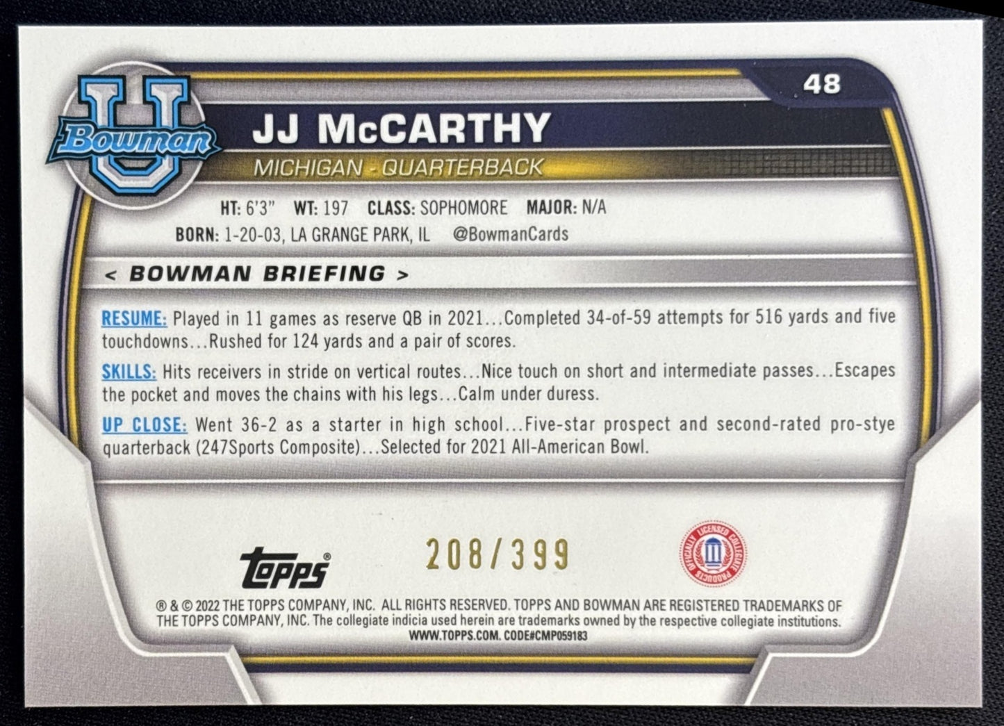 JJ McCarthy 2022 Bowman University Chrome Purple Refractor /399 Wolverines back
