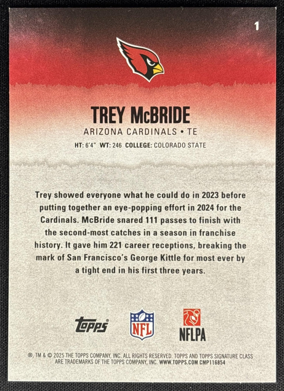 Trey McBride 2025 Topps Signature Class Veteran Blue & Yellow Foil Cardinals back