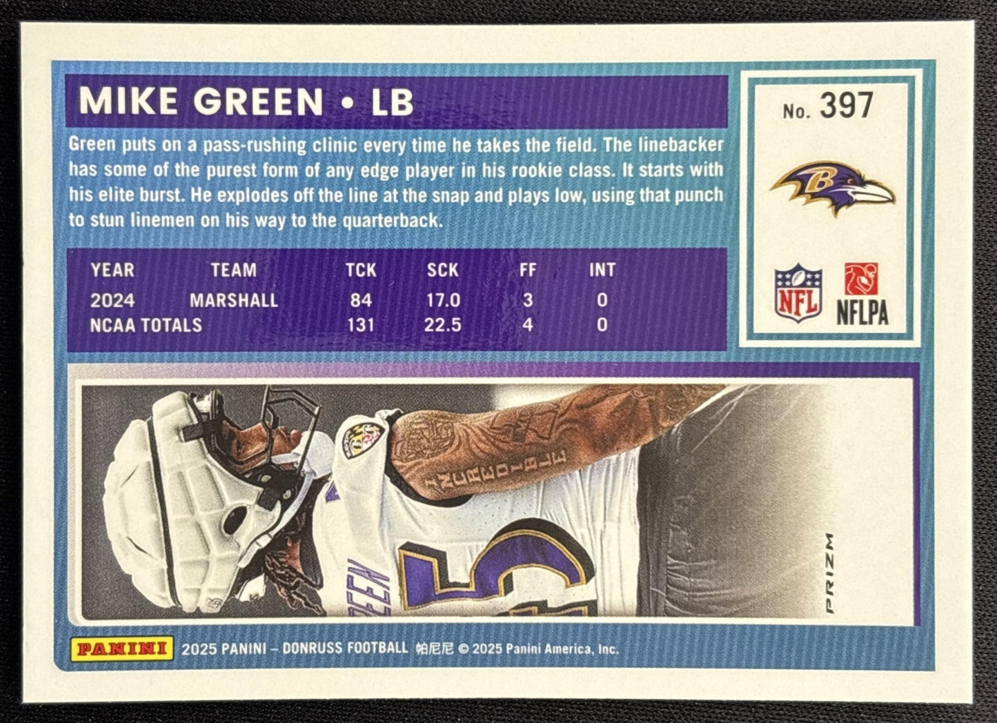 Mike Green 2025 Panini Donruss Optic Rated Rookie Preview Pink Ravens - Back