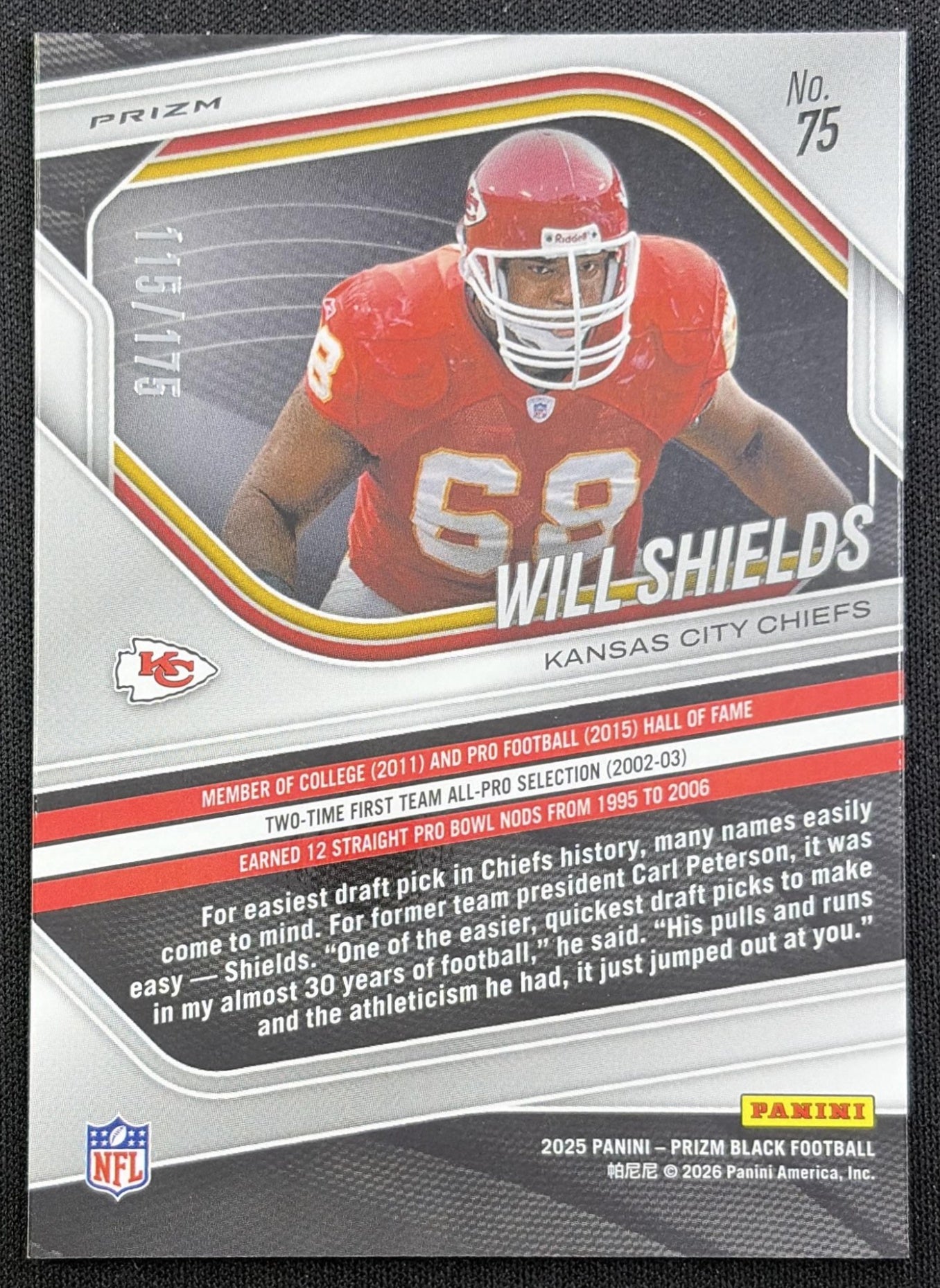 Will Shields 2025 Panini Prizm Black White /175 Chiefs