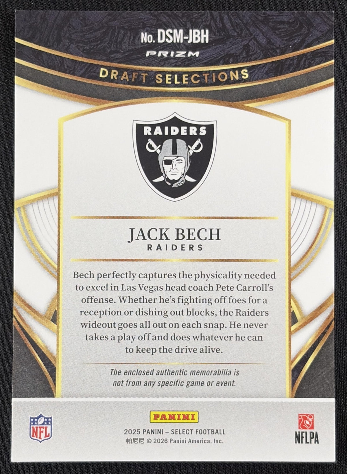 Jack Bech 2025 Panini Select Draft Selections Memorabilia Red Prizm Raiders