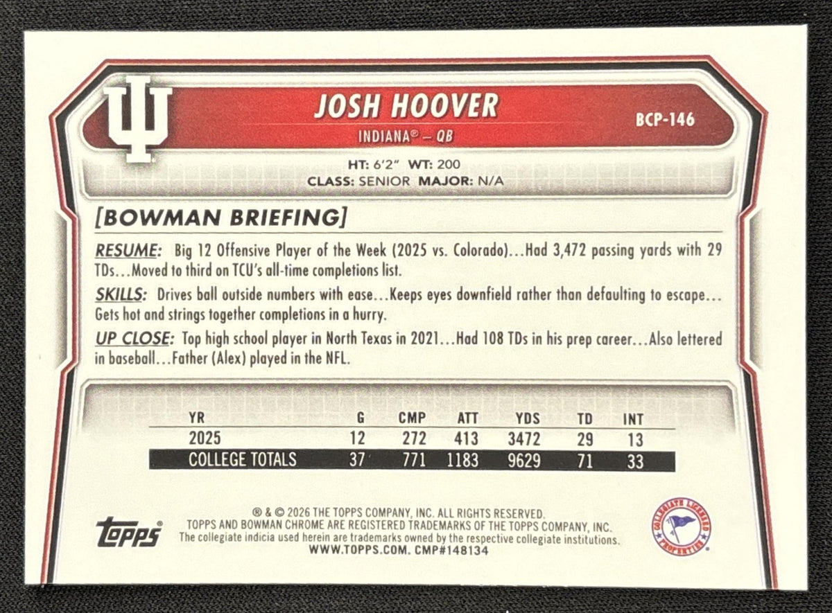 Josh Hoover 2026 Bowman Chrome Prospects Mojo Refractor Hoosiers