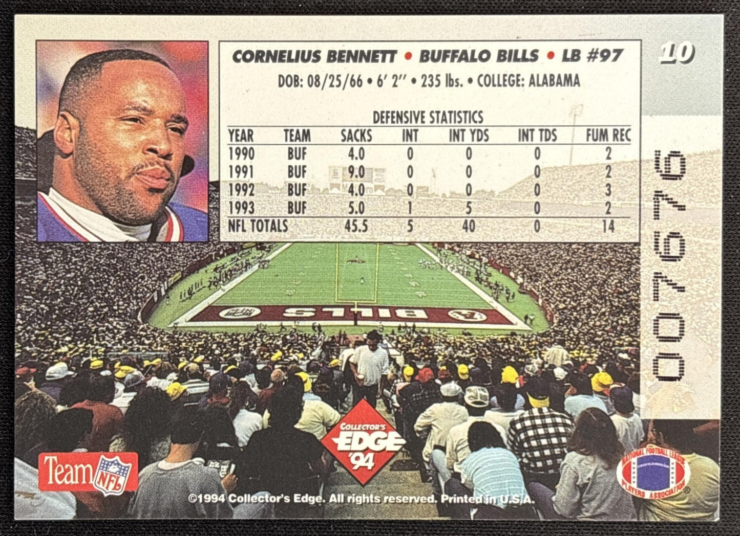 Cornelius Bennett 1994 Collector's Edge Boss Squad Silver Bills back