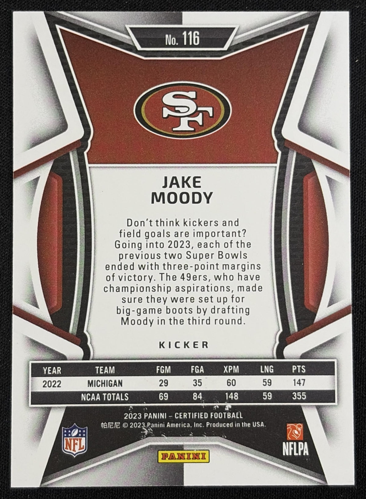 Jake Moody 2023 Panini Certified Red Mirror /99 49ers - Back