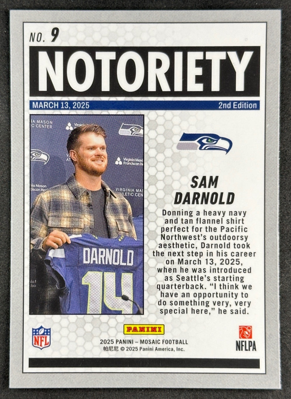 Sam Darnold 2025 Mosaic Notoriety Seahawks Sports Trading Card
