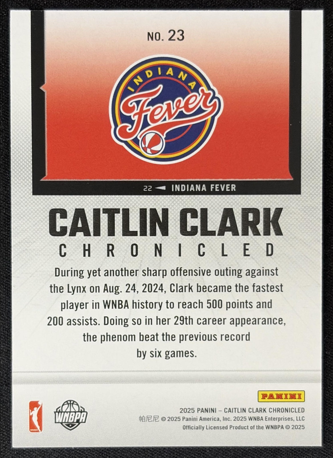 Caitlin Clark 2025 Panini Chronicled WNBA Holo Fever 23