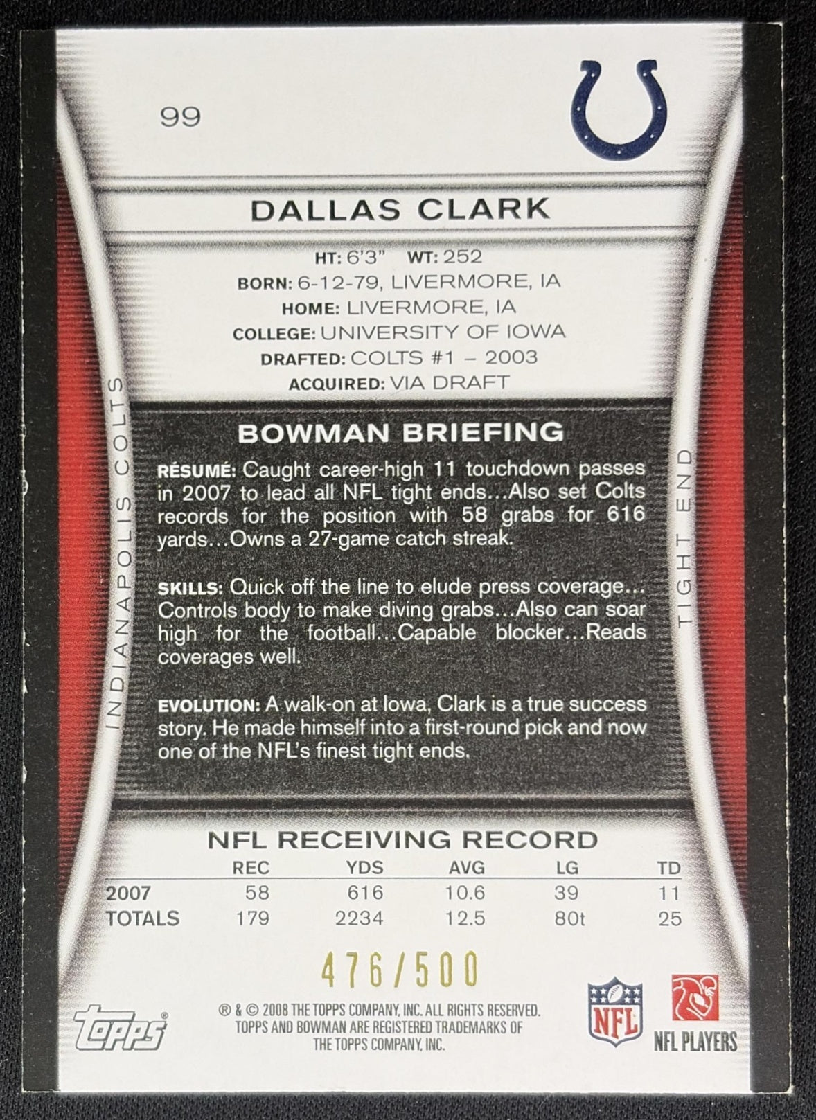 Dallas Clark 2008 Bowman Blue /500 Colts back
