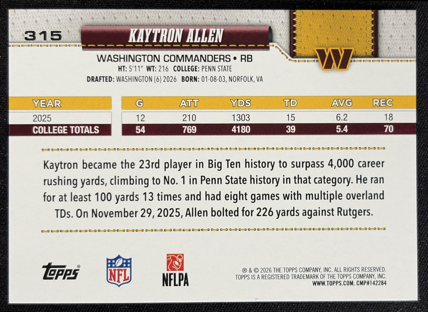 Kaytron Allen 2026 Topps Rainbow Foil Commanders back