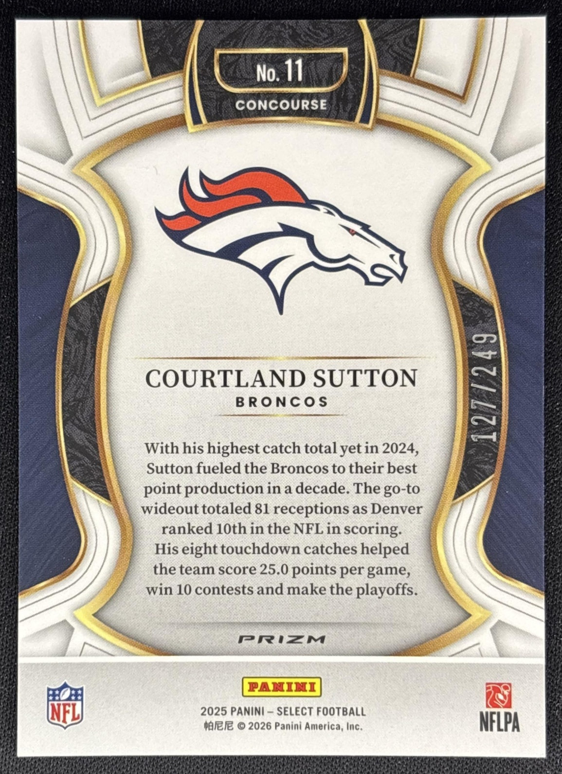 Courtland Sutton 2025 Panini Select Concourse Blue Prizm /249 Broncos back
