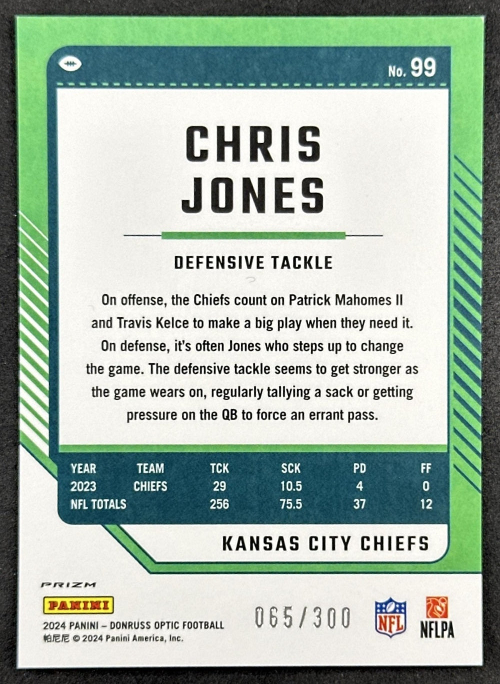 Chris Jones 2023 Panini Donruss Optic Wave Prizm /300 Chiefs back