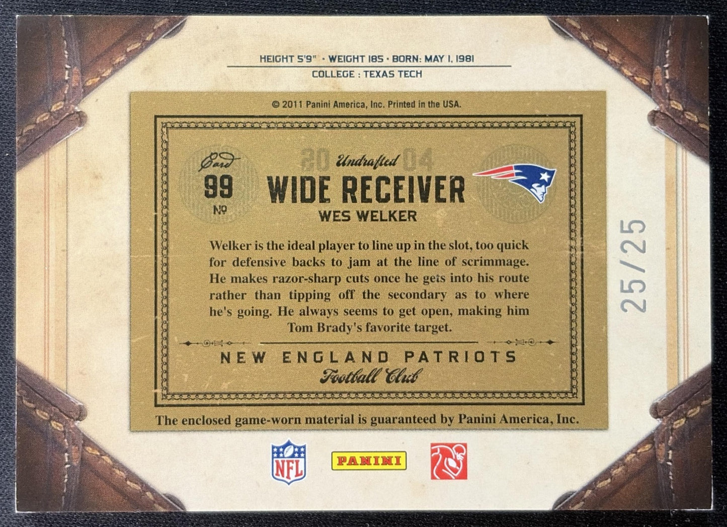 Wes Welker 2011 Panini Timeless Treasures Jerseys Prime /25 Patriots back
