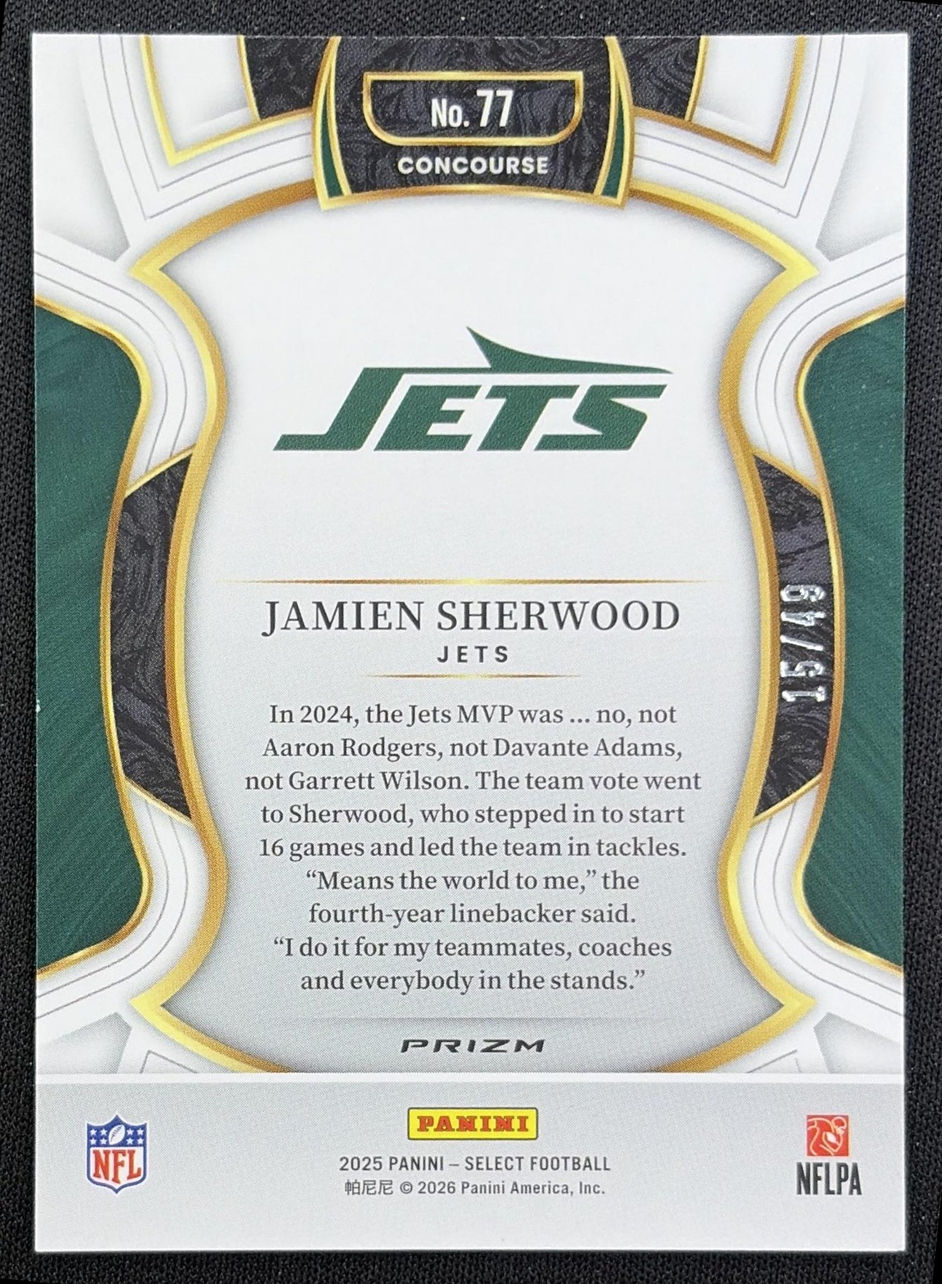 Jamien Sherwood 2025 Panini Select Concourse Orange Prizm /49 Jets back
