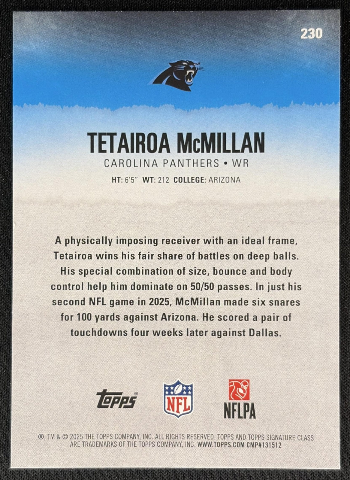 Tetairoa McMillan 2025 Topps Signature Class Rookie Panthers back
