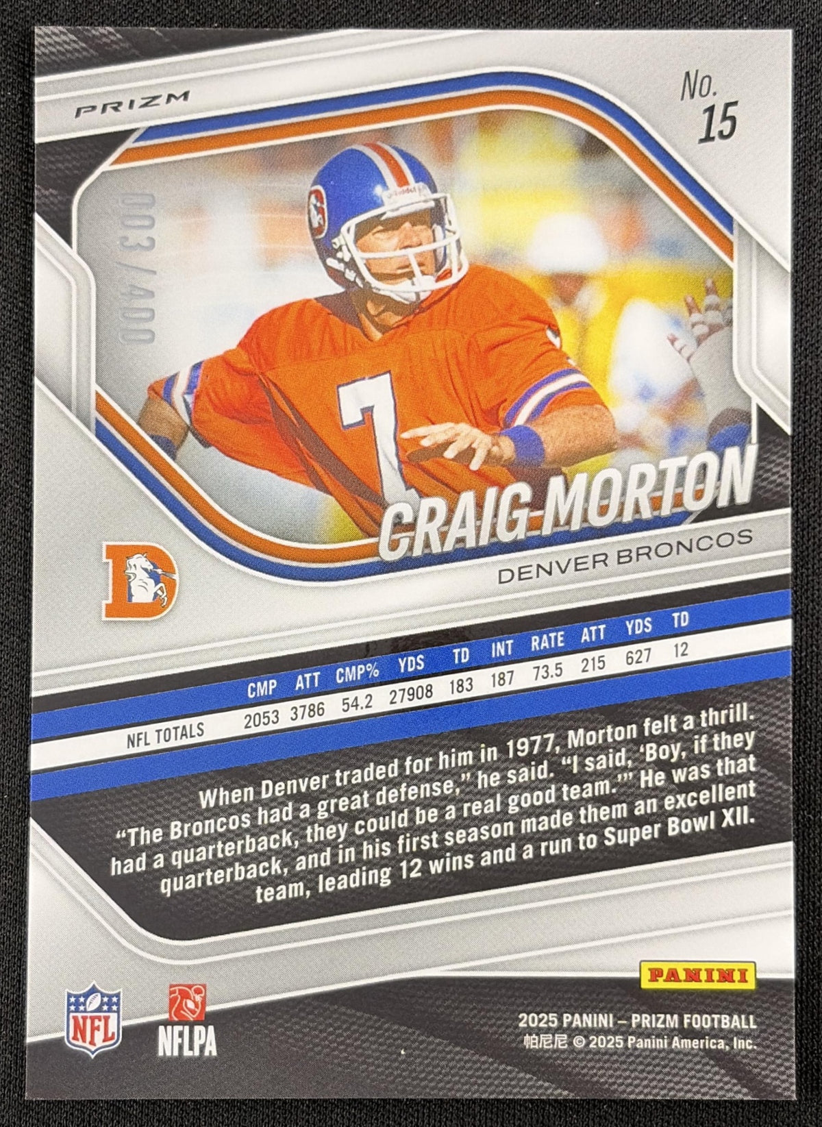 Craig Morton 2025 Panini Prizm Pandora /400 Broncos