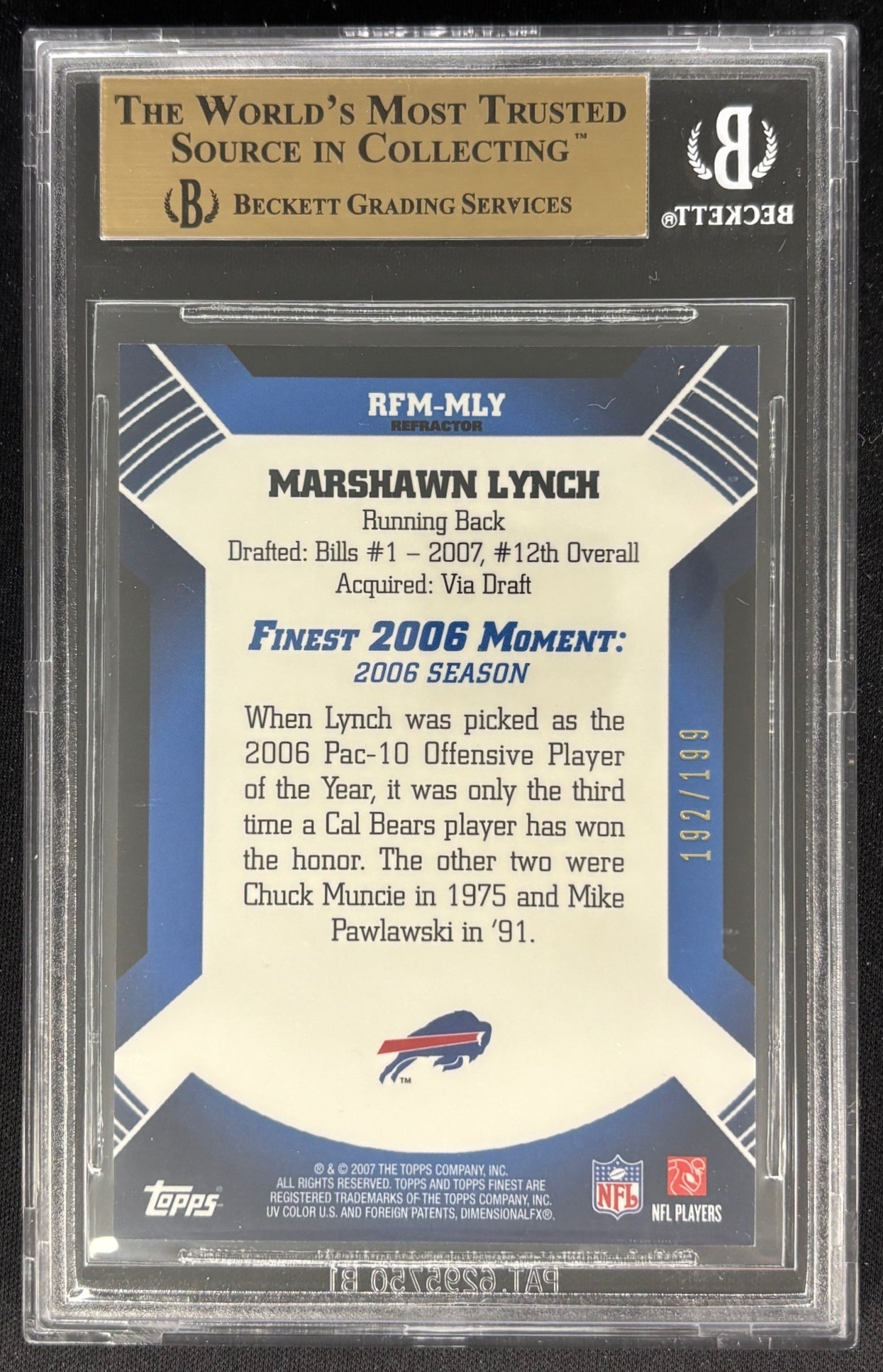 Marshawn Lynch 2007 Finest Moments Green Refractor /199 BGS 9.5 Bills Sports Trading Card