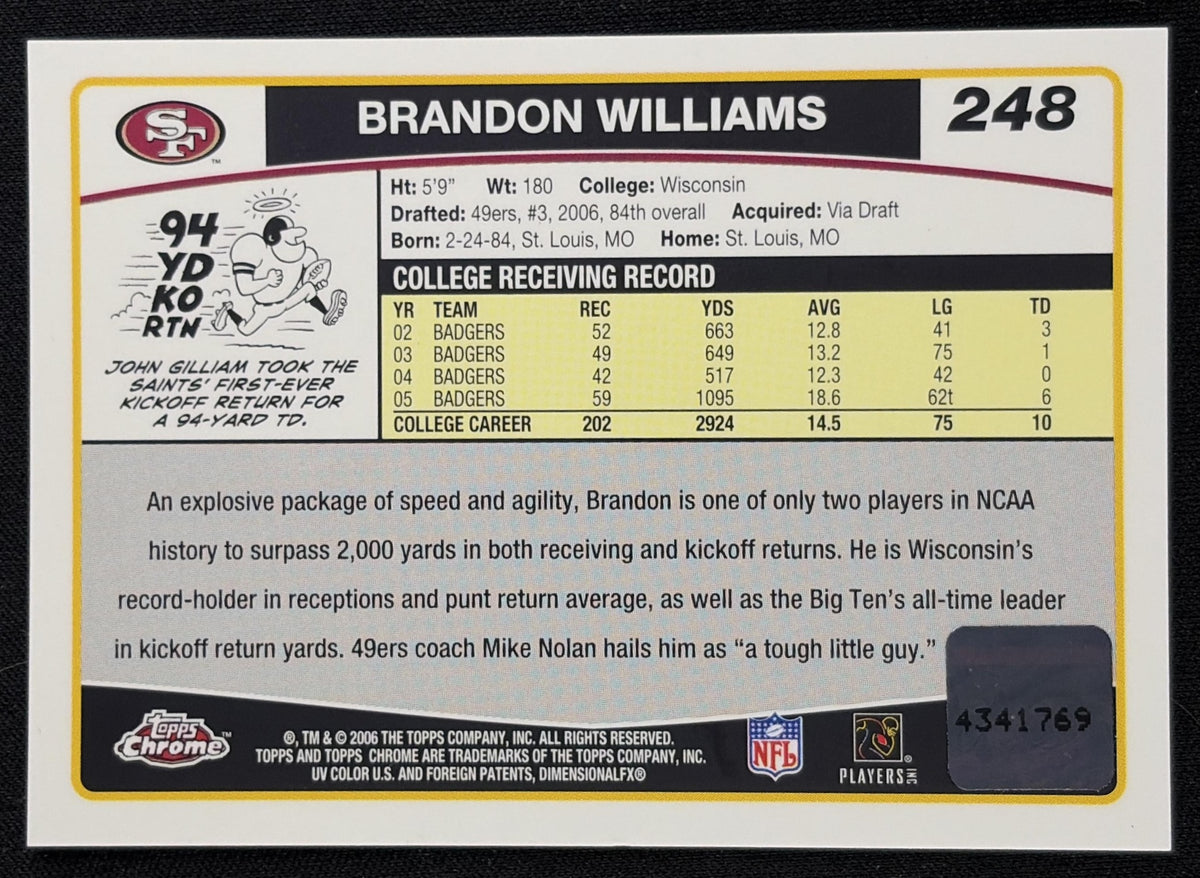 Brandon Williams 2006 Topps Chrome Rookie Auto 49ers - Back