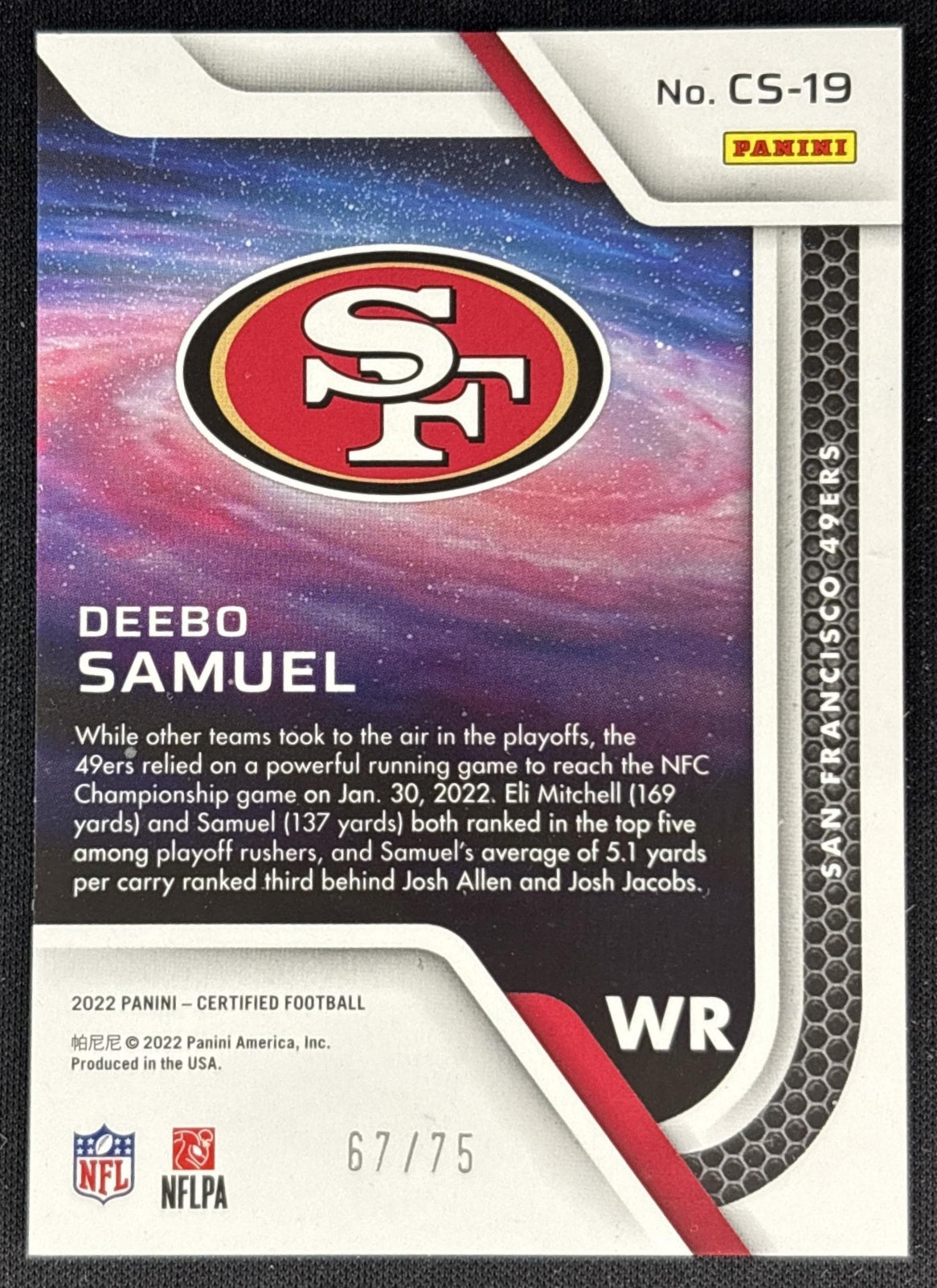 Deebo Samuel 2022 Panini Certified Stars Mirror Blue /75 49ers Back
