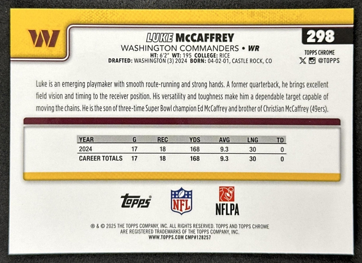 Luke McCaffrey 2025 Topps Chrome Sapphire Commanders Sports Trading Card