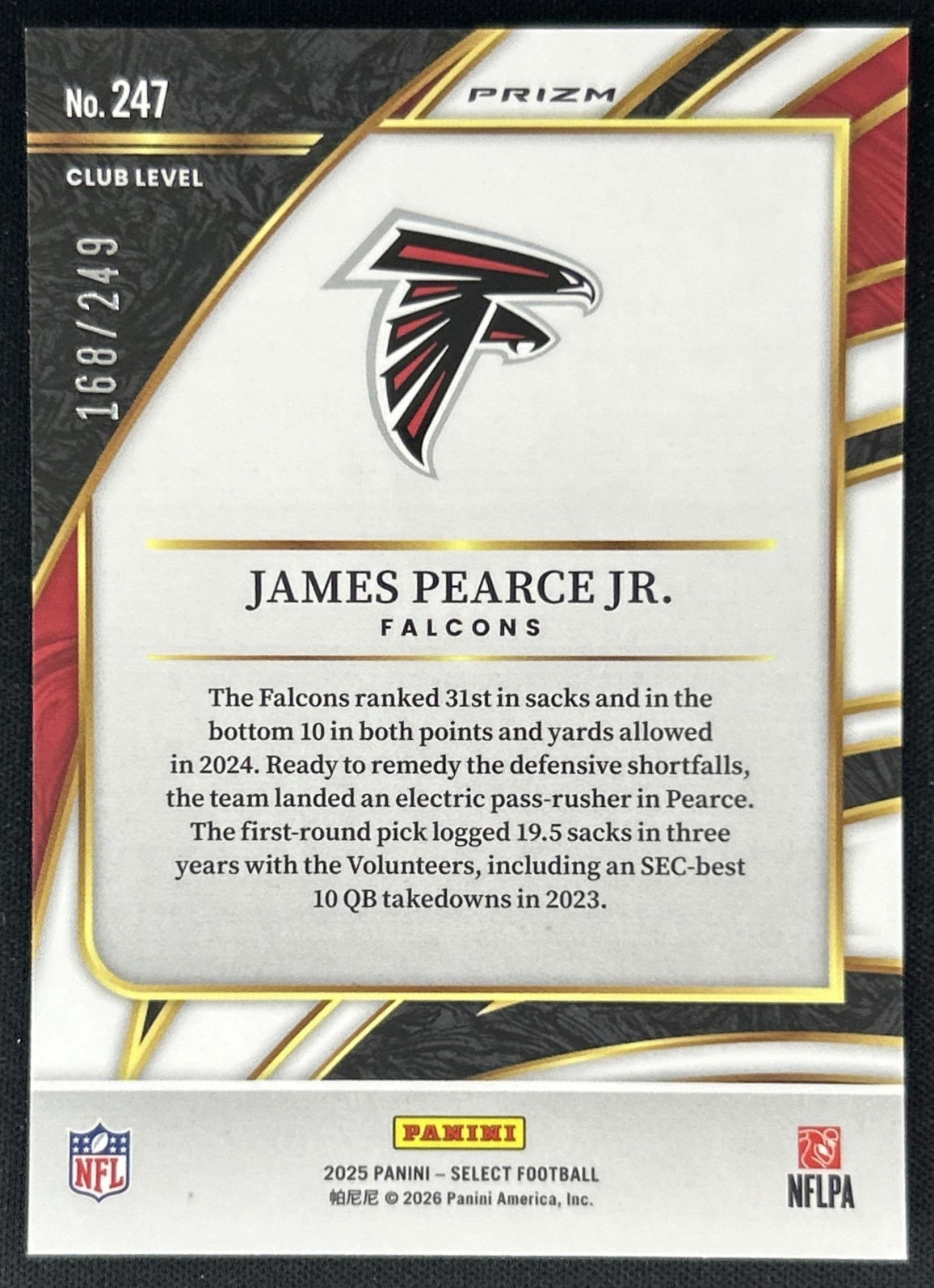 James Pearce Jr. 2025 Panini Select Club Level Tri-Color Prizm /249 Falcons back