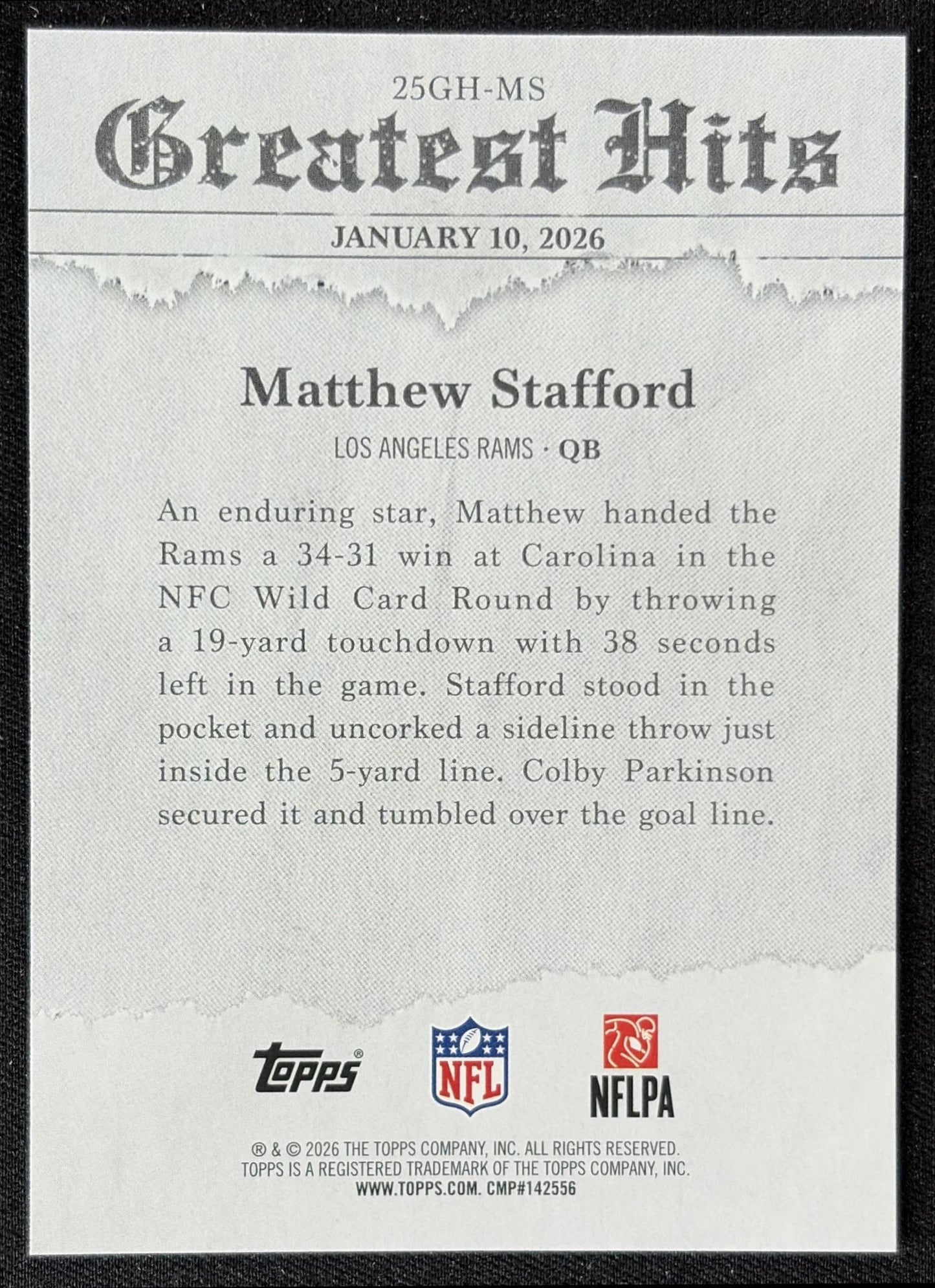 Matthew Stafford 2026 Topps 2025 Greatest Hits Rams back