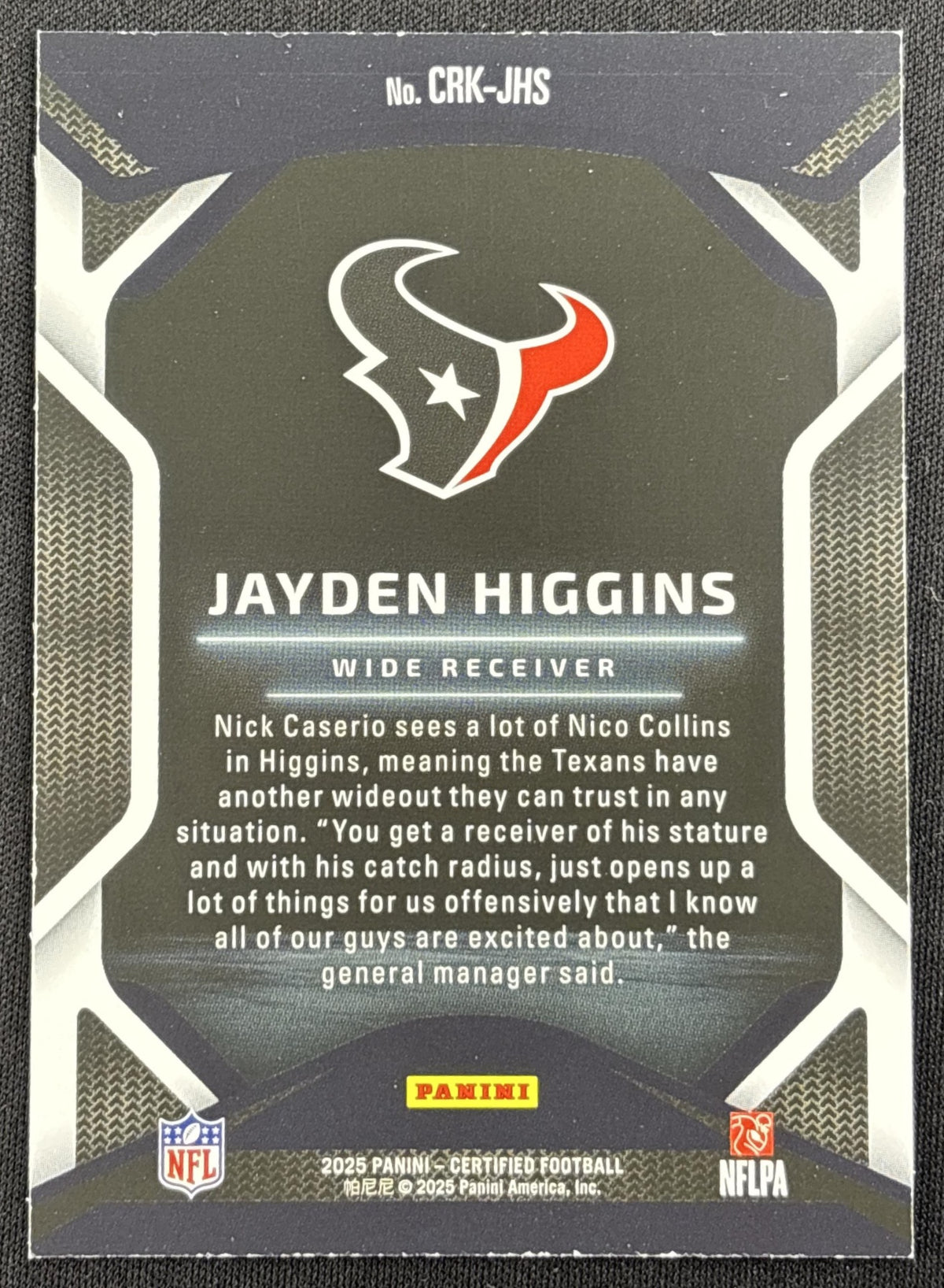Jayden Higgins 2025 Panini Certified Rookies Mirror Pink /199 Texans Houston Texans