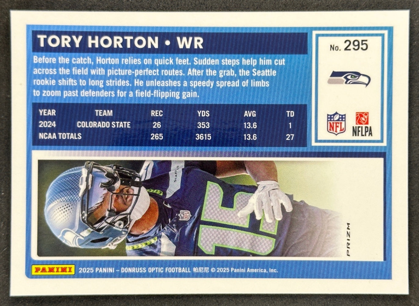 Tory Horton 2025 Donruss Optic Rated Rookie Pink Prizm Seahawks Football Card