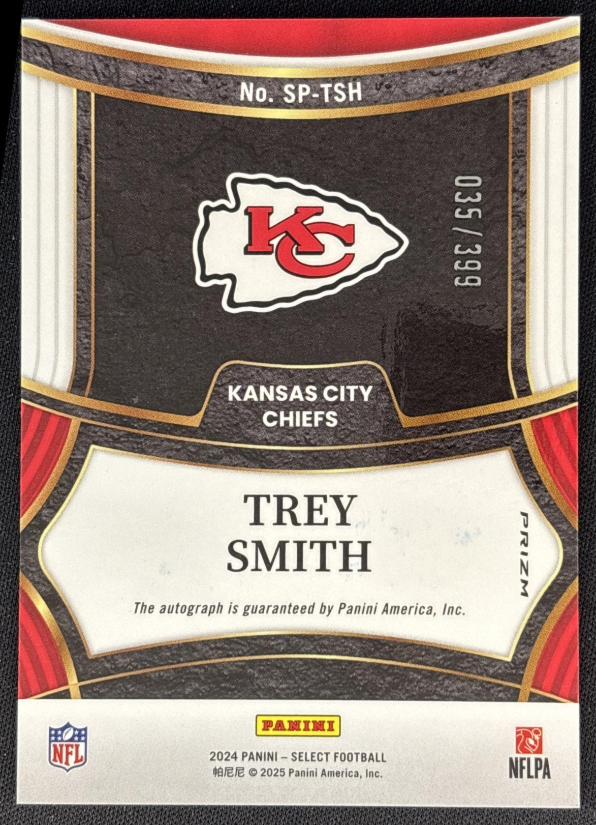 Trey Smith 2024 Panini Select Signatures /399 Chiefs back