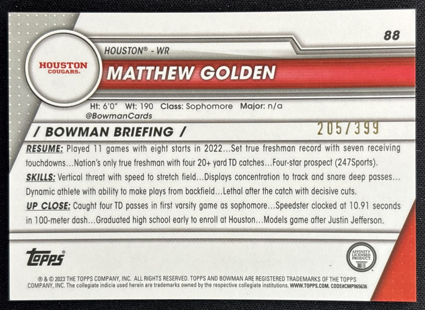 Matthew Golden 2023 Bowman University Chrome Purple Mini Diamond Refractor /399 back