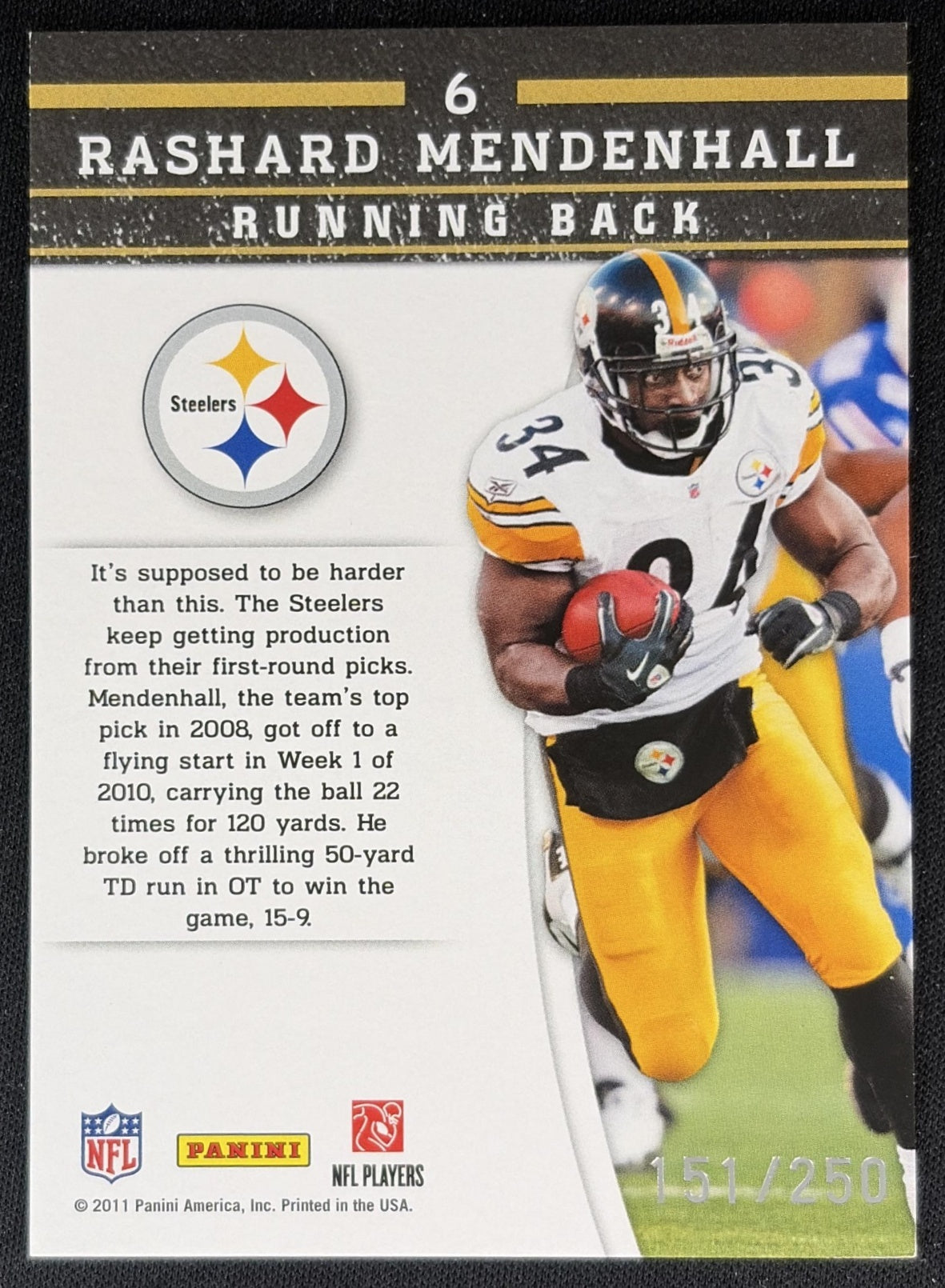 Rashard Mendenhall 2011 Panini Gridiron Gear Gamebreakers Silver /250 Steelers