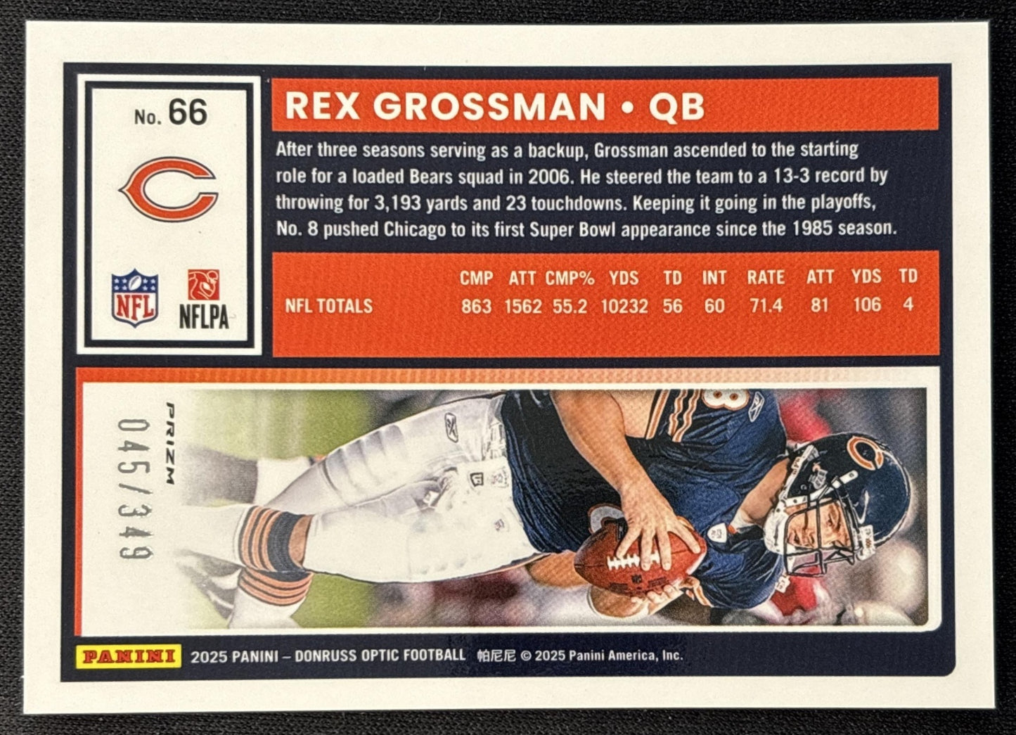 Rex Grossman 2025 Panini Donruss Optic Aqua Prizm /349 Bears