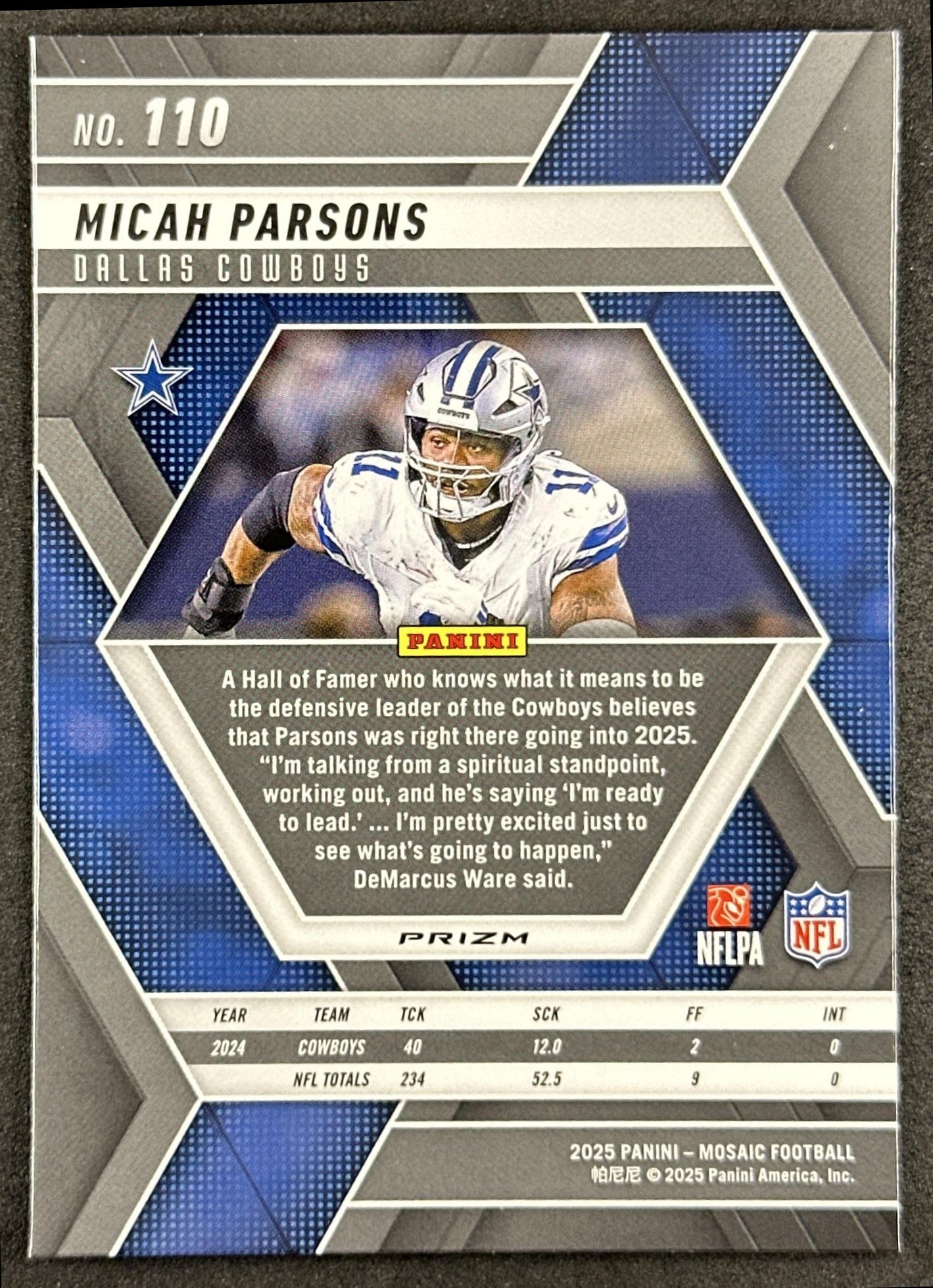 Micah Parsons 2025 Panini Mosaic Reactive Purple Prizm Cowboys
