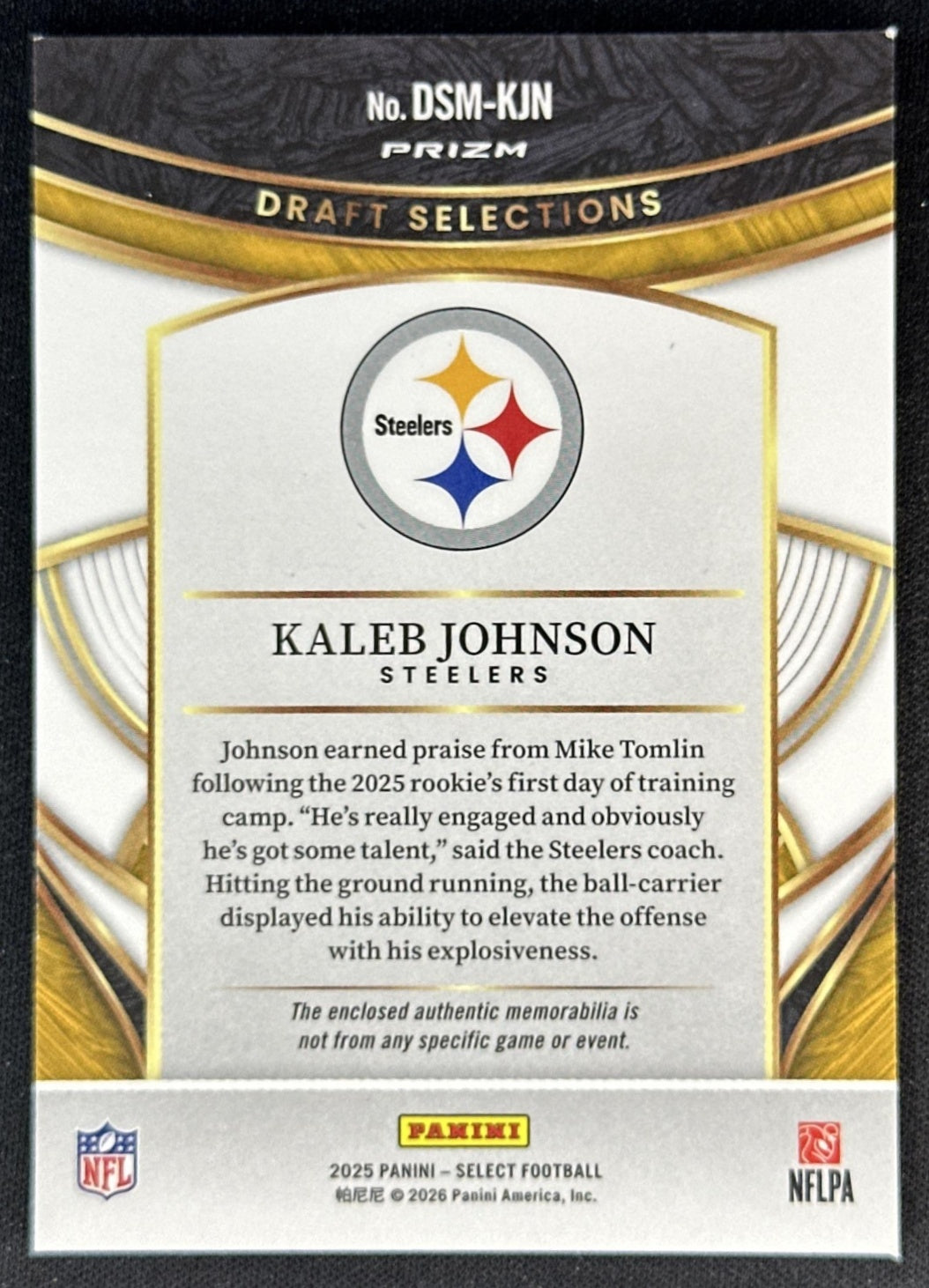 Kaleb Johnson 2025 Panini Select Draft Selections Memorabilia Red Prizm Steelers Sports Trading Cards