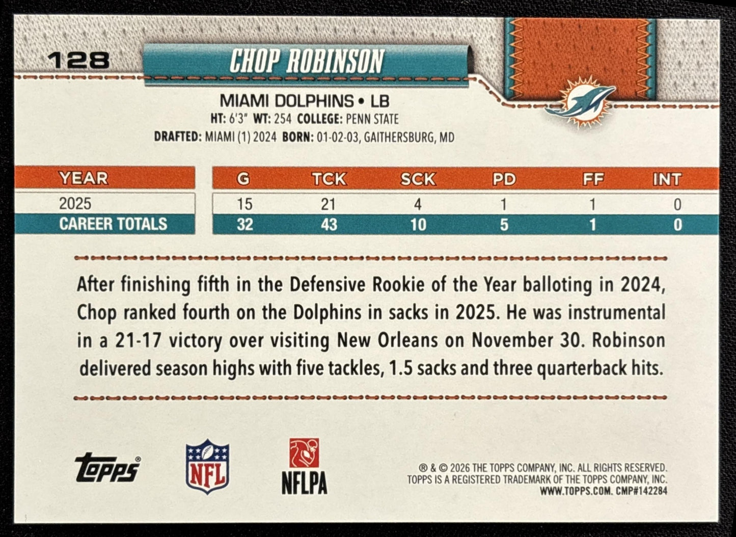 Chop Robinson 2026 Topps Rainbow Foil Dolphins