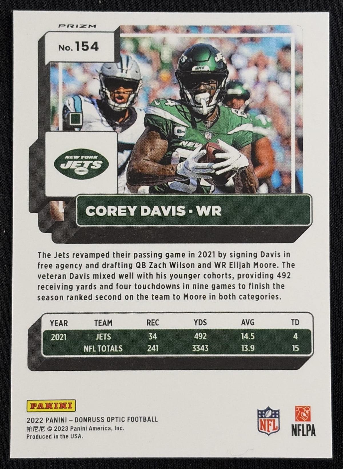 Corey Davis 2022 Panini Donruss Optic White Sparkle Jets