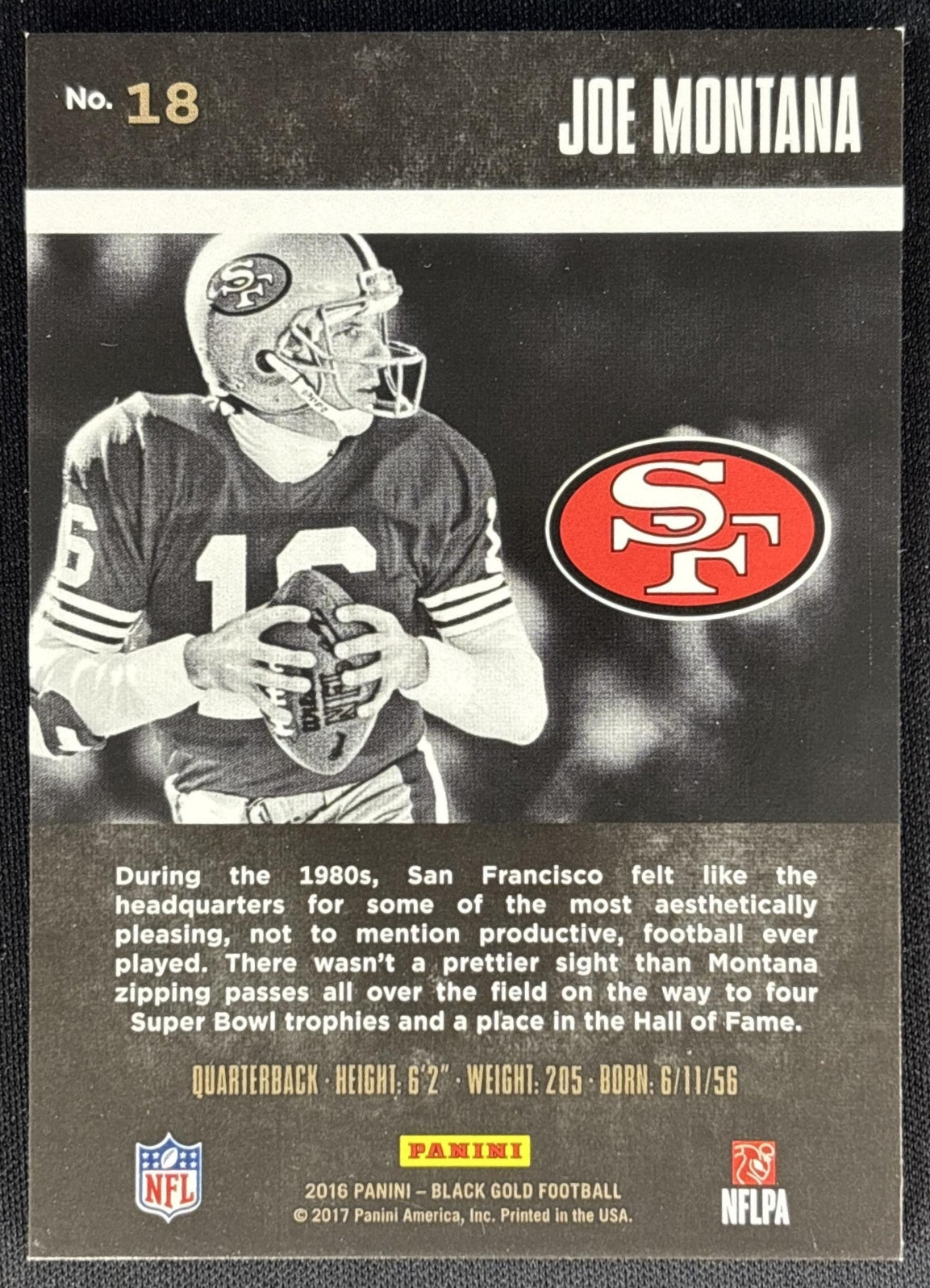 Joe Montana 2016 Panini Black Gold /225 49ers Sports Trading Card