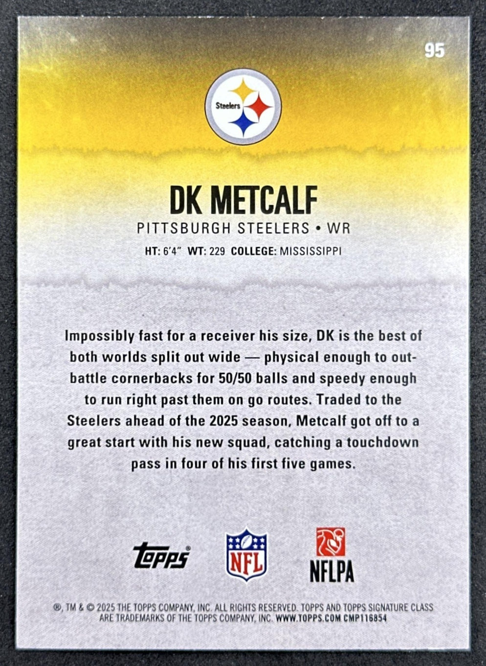 DK Metcalf 2025 Topps Signature Class Veteran Green & Purple Foil Steelers back sports trading card
