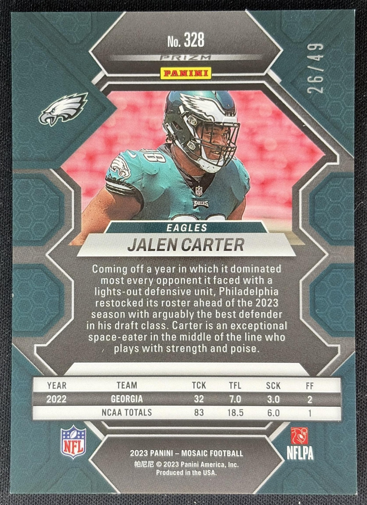 Jalen Carter 2023 Panini Mosaic Purple Mosaic Prizm /49 Eagles