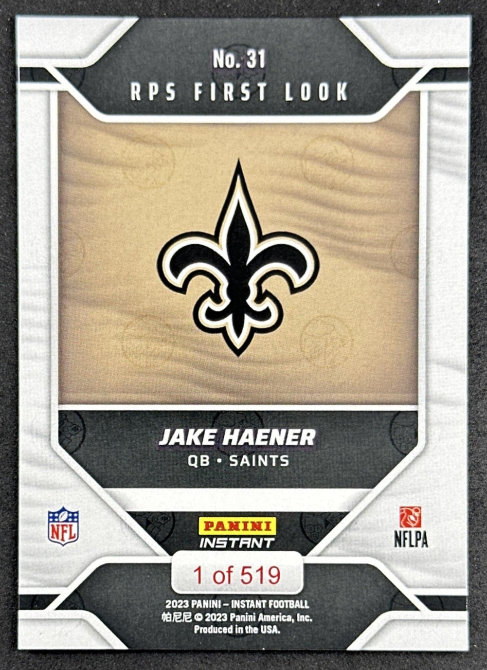 Jake Haener 2023 Panini Instant NFL RPS First Look Saints back