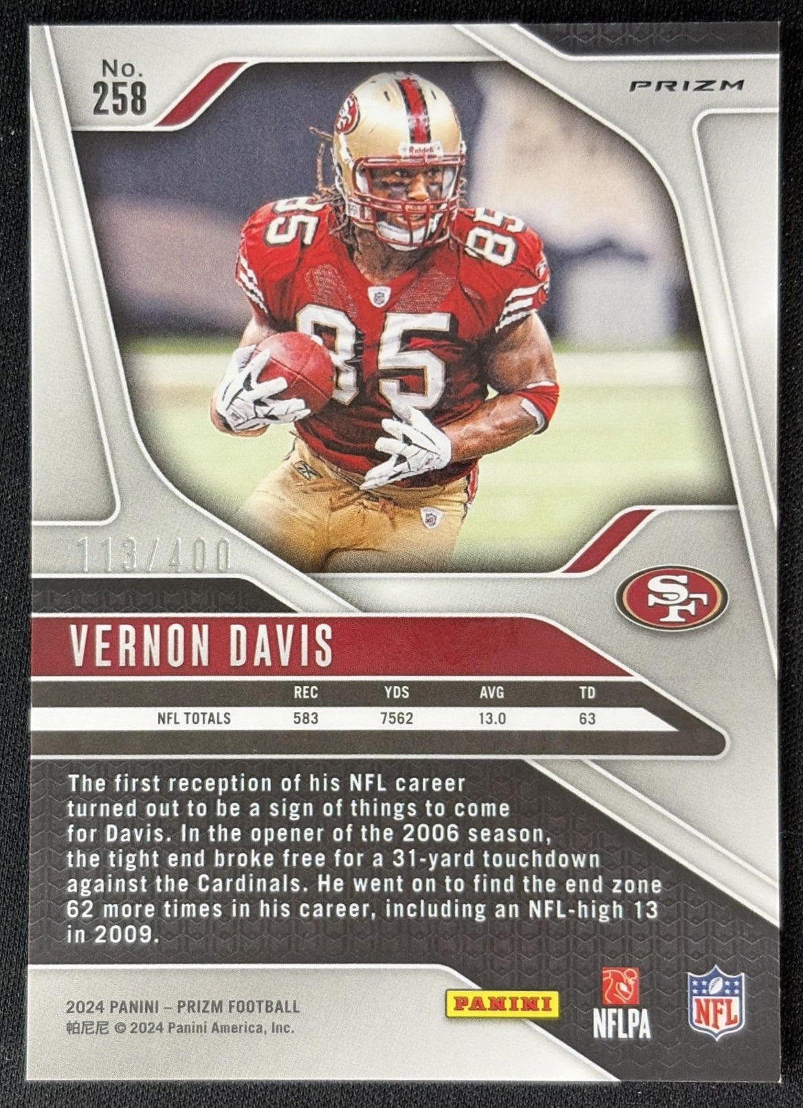 Vernon Davis 2024 Panini Prizm Pandora /400 49ers back