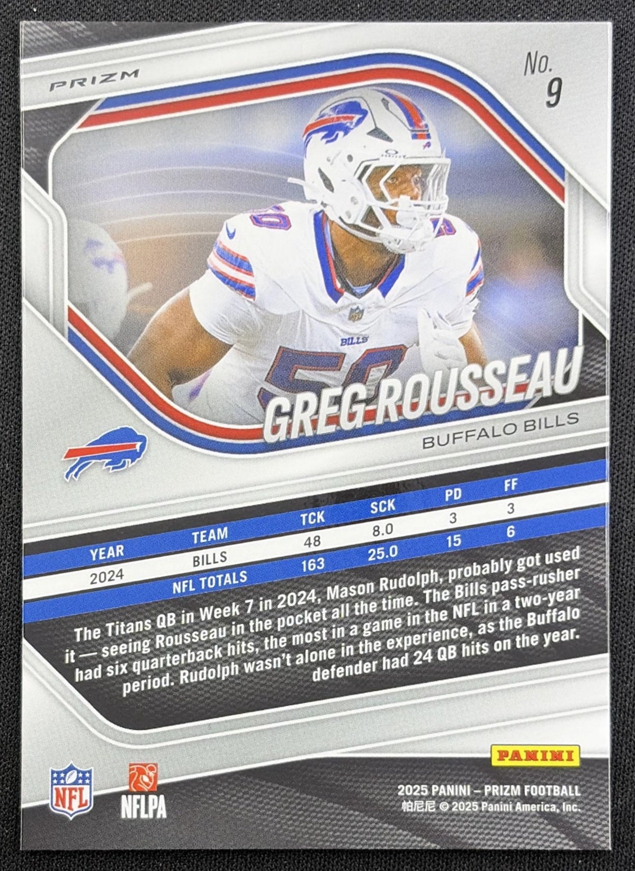 Greg Rousseau 2025 Panini Prizm Lazer Bills back