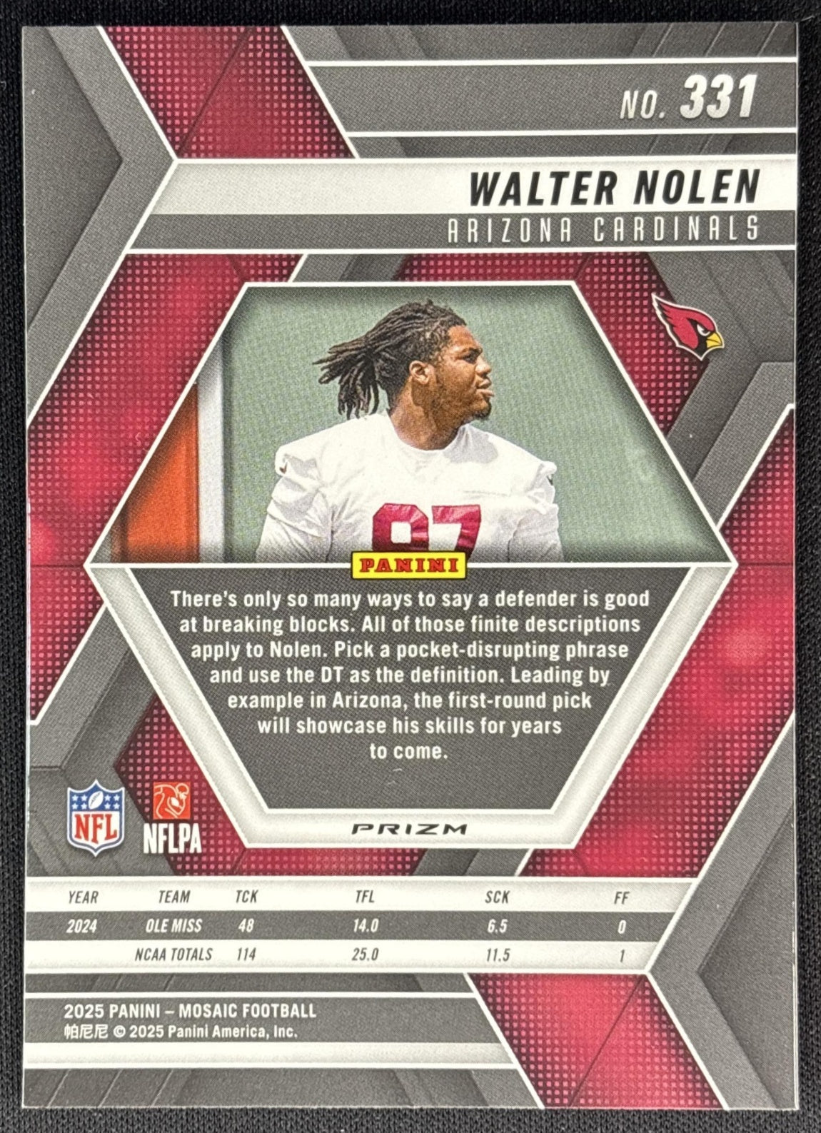 Walter Nolen 2025 Panini Mosaic Rookies Purple Scope Prizm Cardinals back