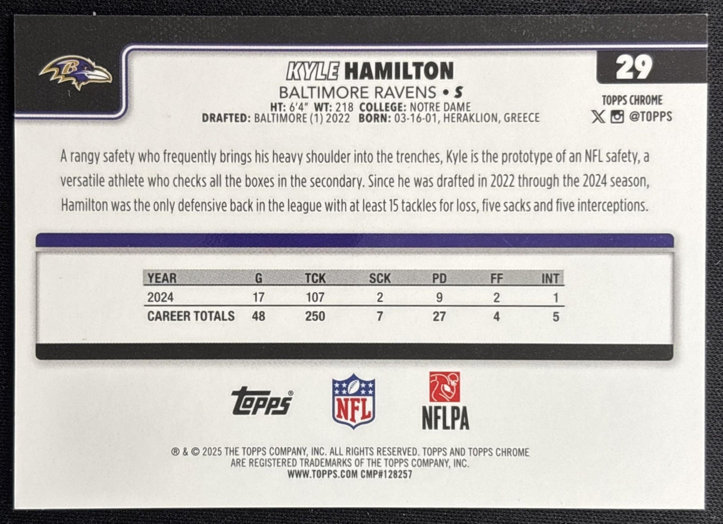 Kyle Hamilton 2025 Topps Chrome Gold Wave Refractor /50 Ravens Sports Trading Card