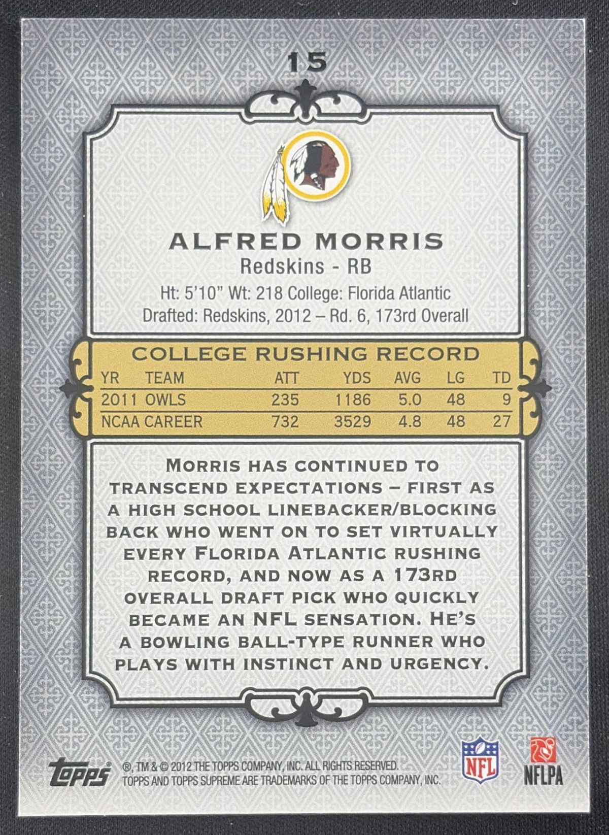 Alfred Morris 2012 Topps Supreme /462 Redskins Washington Redskins Sports Trading Card