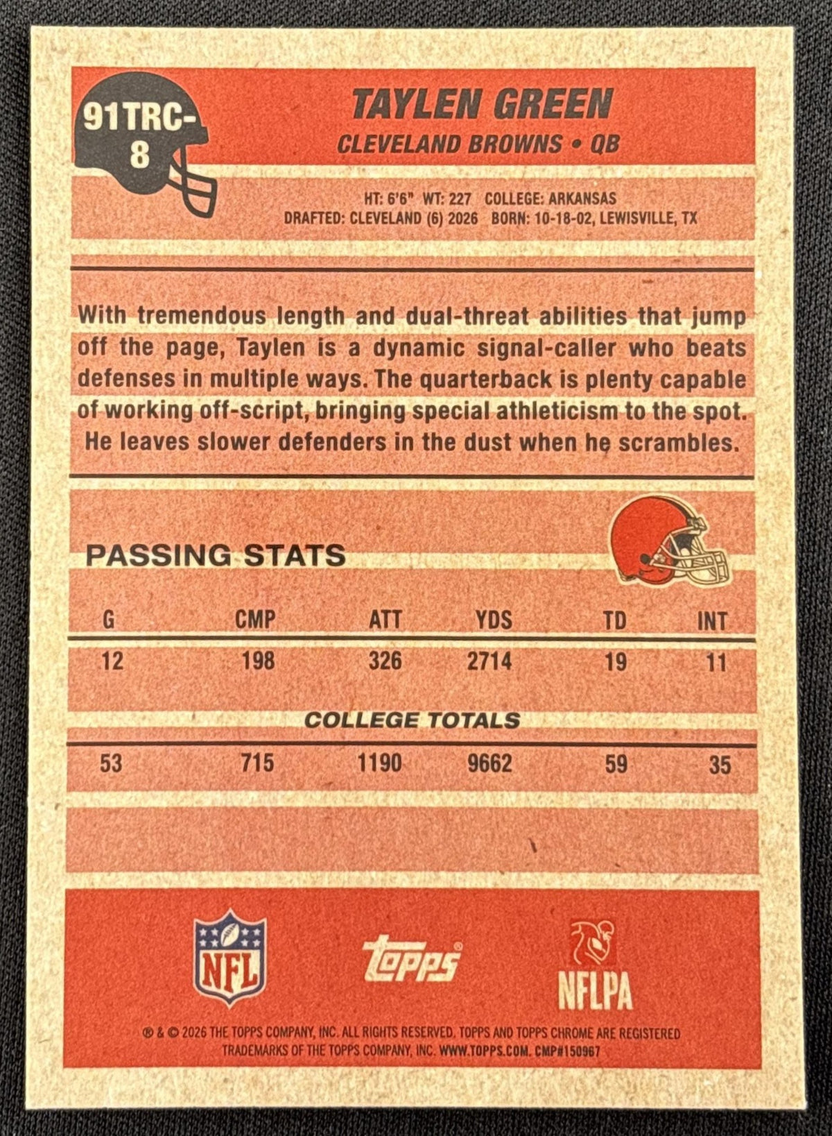 Taylen Green 2026 Topps 1991 Chrome Rookie Mojo Refractor Browns
