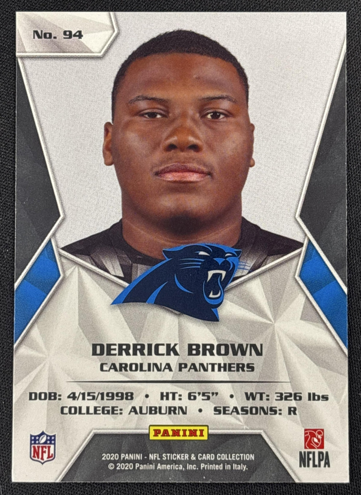 Derrick Brown 2020 Panini Sticker & Card Collection Cards Blue /299 Panthers