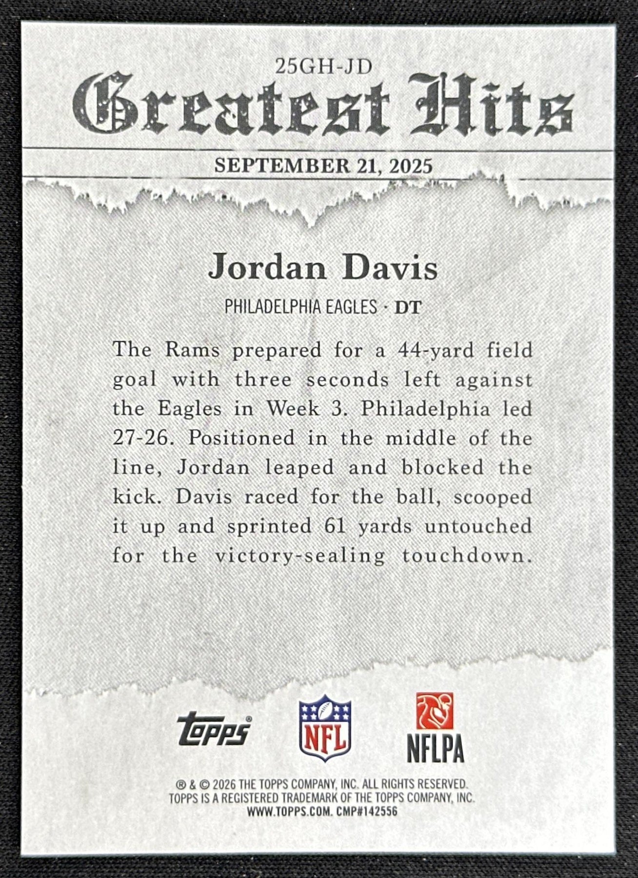 Jordan Davis 2026 Topps 2025 Flagship Greatest Hits Eagles