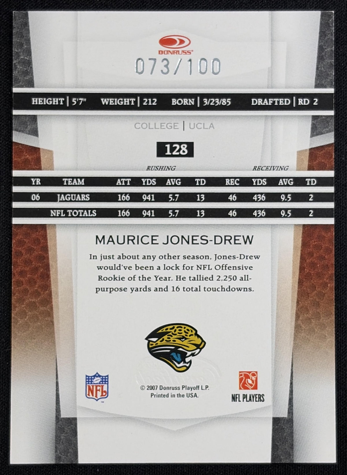 Maurice Jones-Drew 2007 Leaf Certified Materials Mirror Red /100 Jaguars