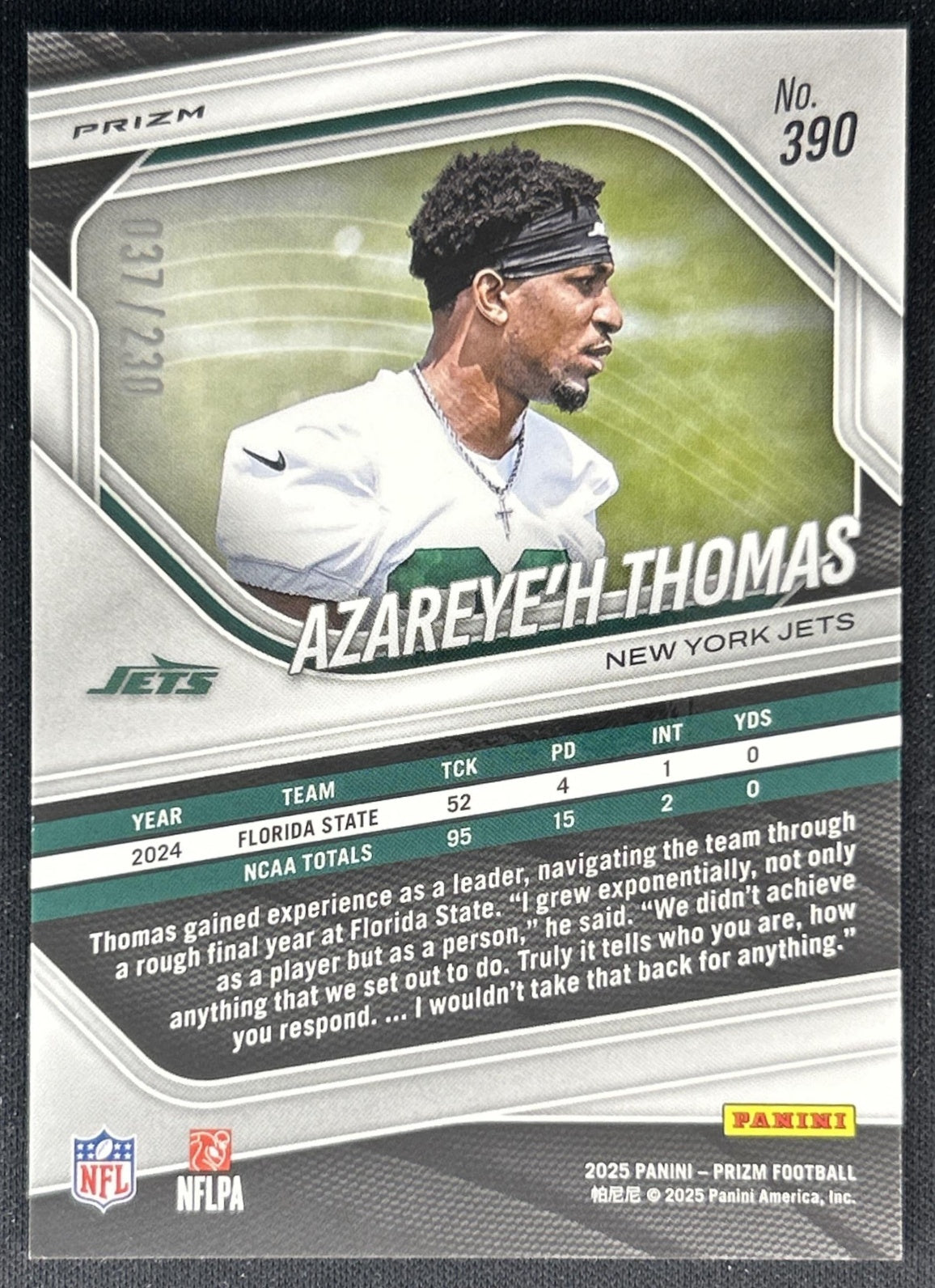 Azareye'h Thomas 2025 Panini Prizm Blue Wave /230 Jets Back