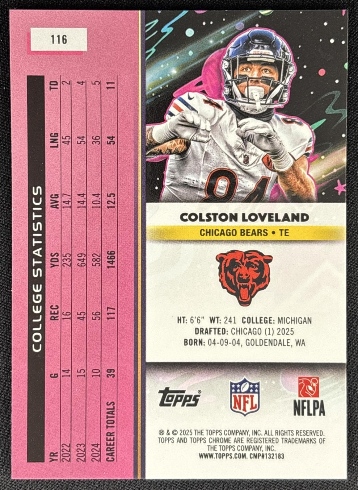 Colston Loveland 2025 Topps Cosmic Chrome Bears